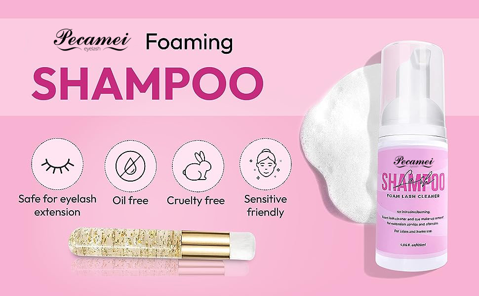 Pecamei Shampoo for Lash Extensions 120ml /4.05 fl.oz | Eyelash Extension Cleanser Oil Free Foam Soap Lash Bath for Eyelash Extensions | Wash Oil Dustcare Lash Cleaning Kit with Rinse Bottle Brush Home Salon Use  