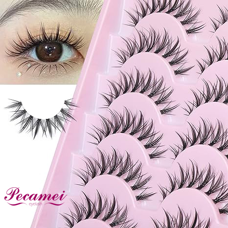 Pecamei Manga Lashes Natural Look False Eyelashes Wispy Clear Band Fake Lashes Asian Korean Cosplay Lashes Faux Mink Lashes Pack 6 Pairs  