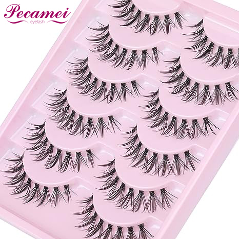 Pecamei Manga Lashes Natural Look False Eyelashes Wispy Clear Band Fake Lashes Asian Korean Cosplay Lashes Faux Mink Lashes Pack 6 Pairs  